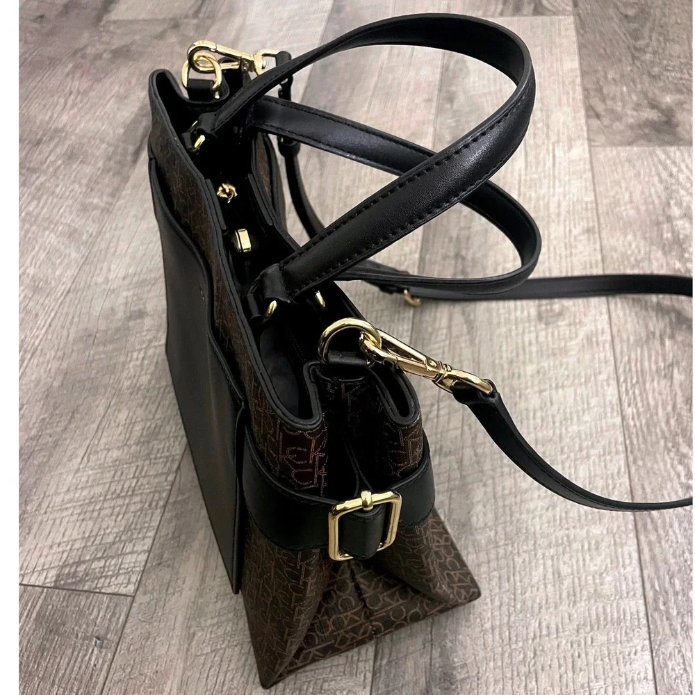 Calvin‎ Klein Monogram Logo Satchel Crossbody Bag Brown Black Gold Tone Hardware